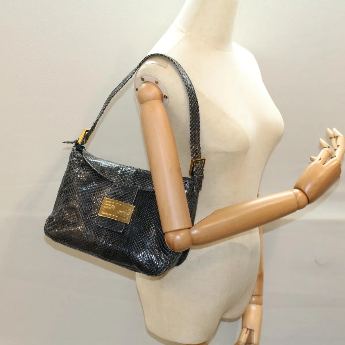 FENDI Snake Pattern Mamma Baguette Shoulder Bag Exotic leather Navy 55750