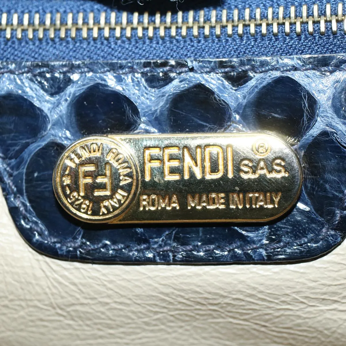 FENDI Snake Pattern Mamma Baguette Shoulder Bag Exotic leather Navy 55750