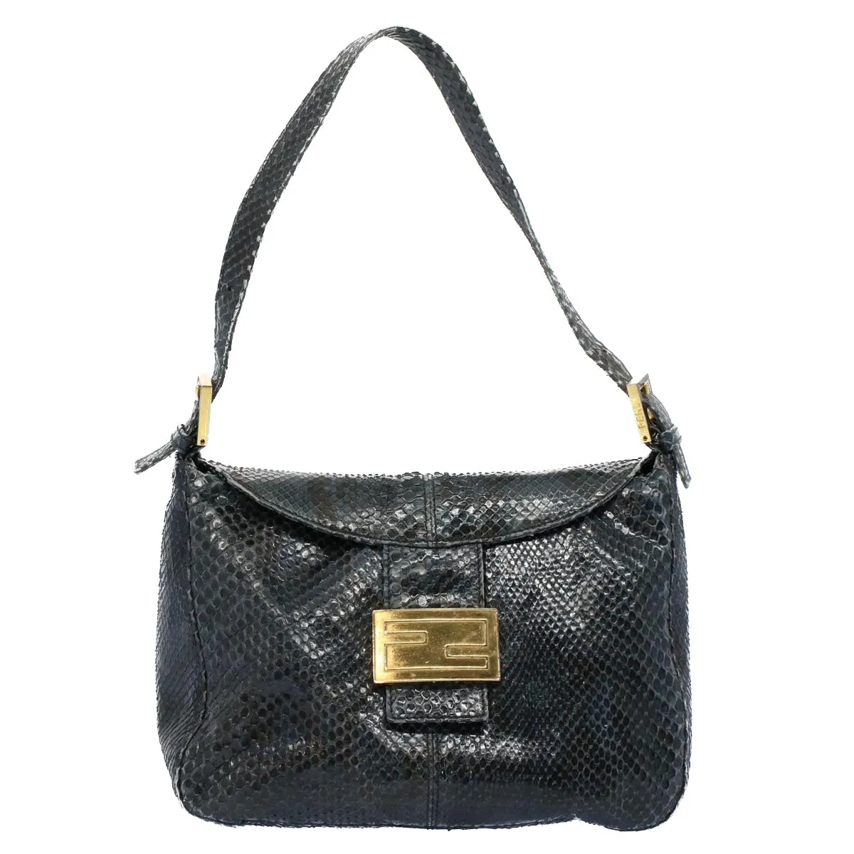 FENDI Snake Pattern Mamma Baguette Shoulder Bag Exotic leather Navy 55750