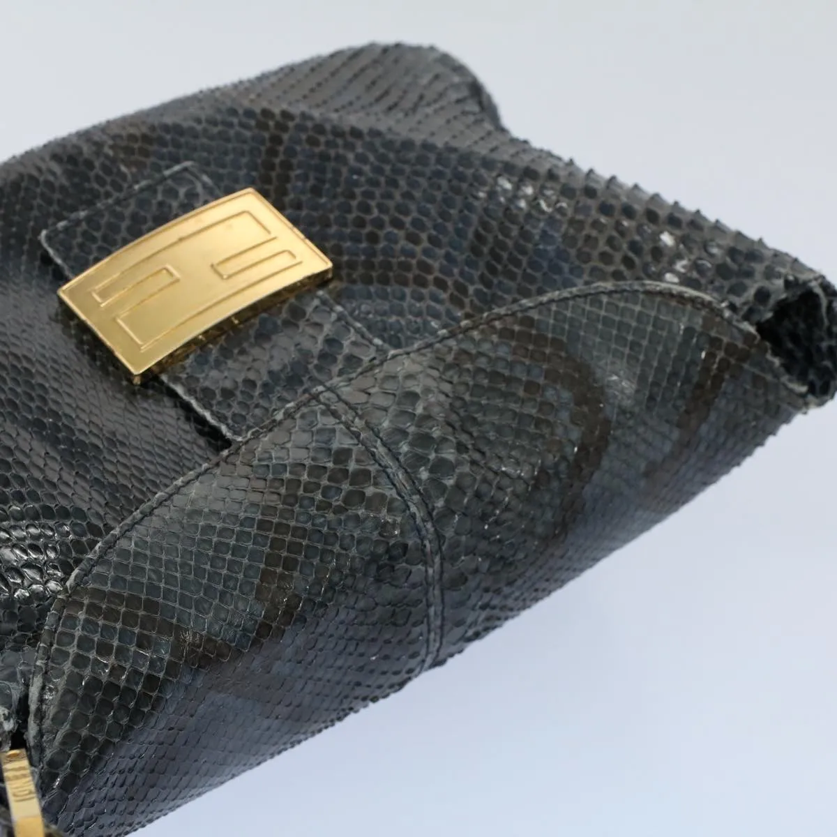 FENDI Snake Pattern Mamma Baguette Shoulder Bag Exotic leather Navy 55750