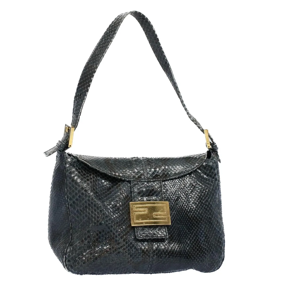 FENDI Snake Pattern Mamma Baguette Shoulder Bag Exotic leather Navy 55750