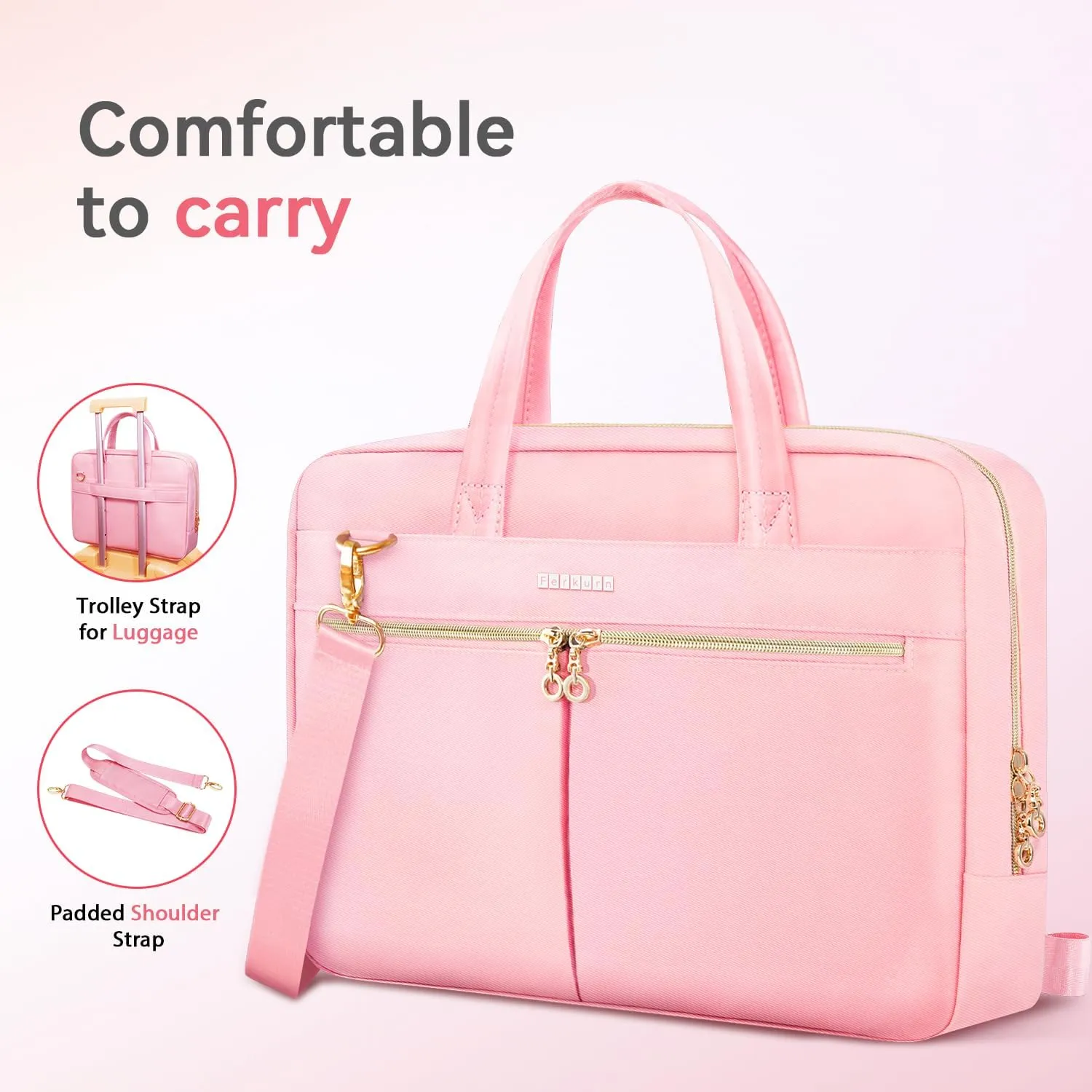 Ferkurn Laptop Bag Case Women Men Computer Bag Compatible with MacBook/HP/LG/Dell, Shoulder Strap Slim Carrying Messenger Briefcase, Pink, 15.6-16 Inch