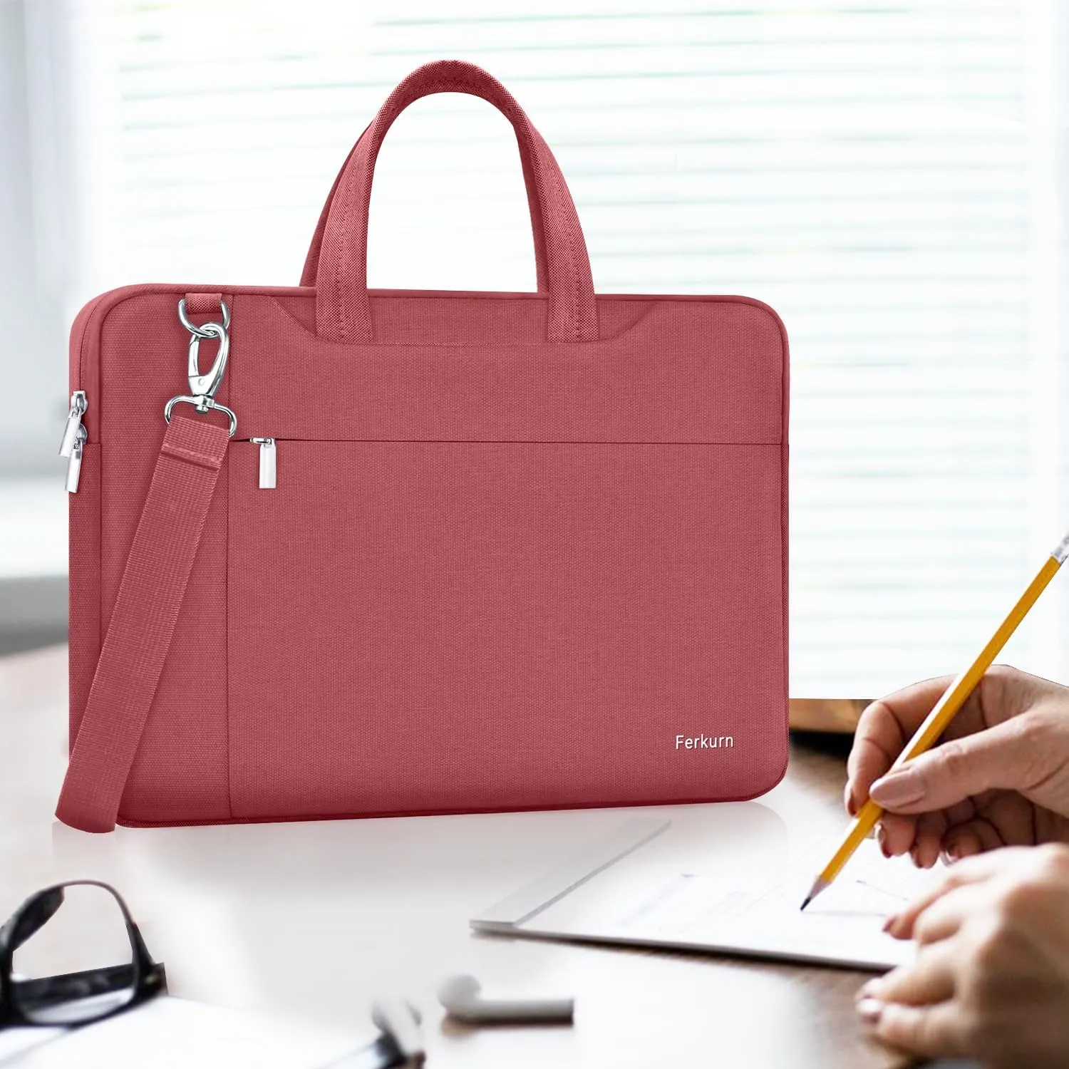 Ferkurn Laptop Bag Case Women Men Computer Sleeve with Shoulder Compatible with HP Envy Pavilion/Inspiron/Thinkpad/Vivobook/MSI/Surface,Waterproof Briefcase with Handle, Red, 15 15.6 Inch