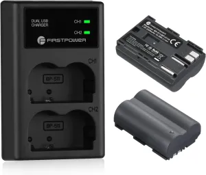 FirstPower BP-511 BP-511a Battery 2-Pack 2200mAh and Dual USB Charger for Canon EOS 5D 10D 20D 20Da 30D 40D 50D 300D D30 D60 and More Camera