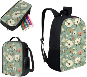 Floral Relief Hand Drawing School Bag with Lunch Bag Set for Girls Teens Gifts Flower Art Painting Student Book Bag or School Sport Travel with Pencil Case