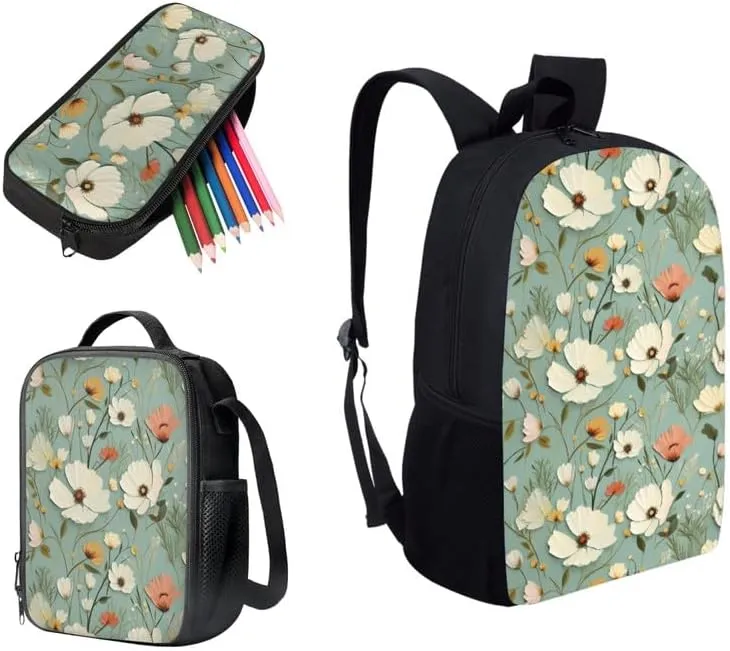 Floral Relief Hand Drawing School Bag with Lunch Bag Set for Girls Teens Gifts Flower Art Painting Student Book Bag or School Sport Travel with Pencil Case