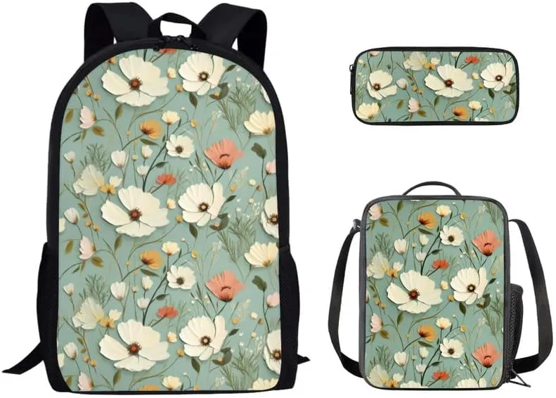 Floral Relief Hand Drawing School Bag with Lunch Bag Set for Girls Teens Gifts Flower Art Painting Student Book Bag or School Sport Travel with Pencil Case