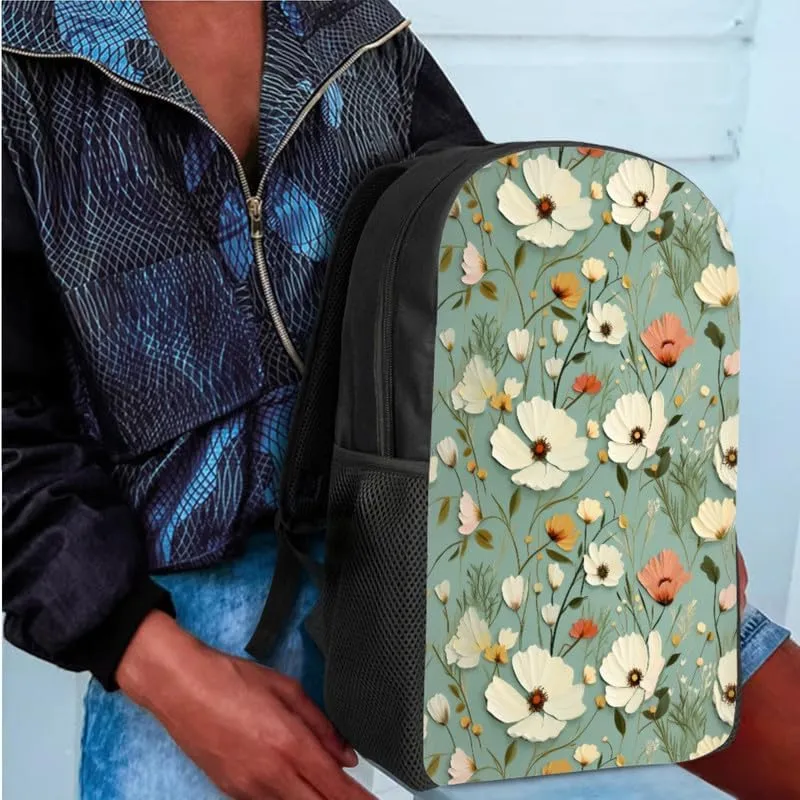 Floral Relief Hand Drawing School Bag with Lunch Bag Set for Girls Teens Gifts Flower Art Painting Student Book Bag or School Sport Travel with Pencil Case