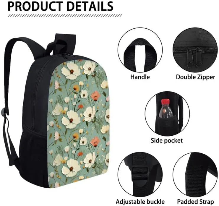 Floral Relief Hand Drawing School Bag with Lunch Bag Set for Girls Teens Gifts Flower Art Painting Student Book Bag or School Sport Travel with Pencil Case