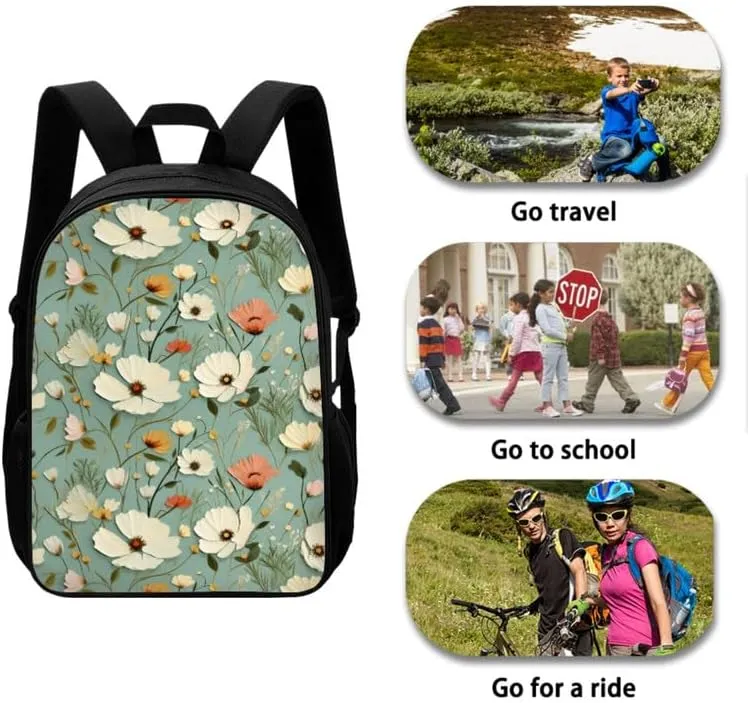 Floral Relief Hand Drawing School Bag with Lunch Bag Set for Girls Teens Gifts Flower Art Painting Student Book Bag or School Sport Travel with Pencil Case