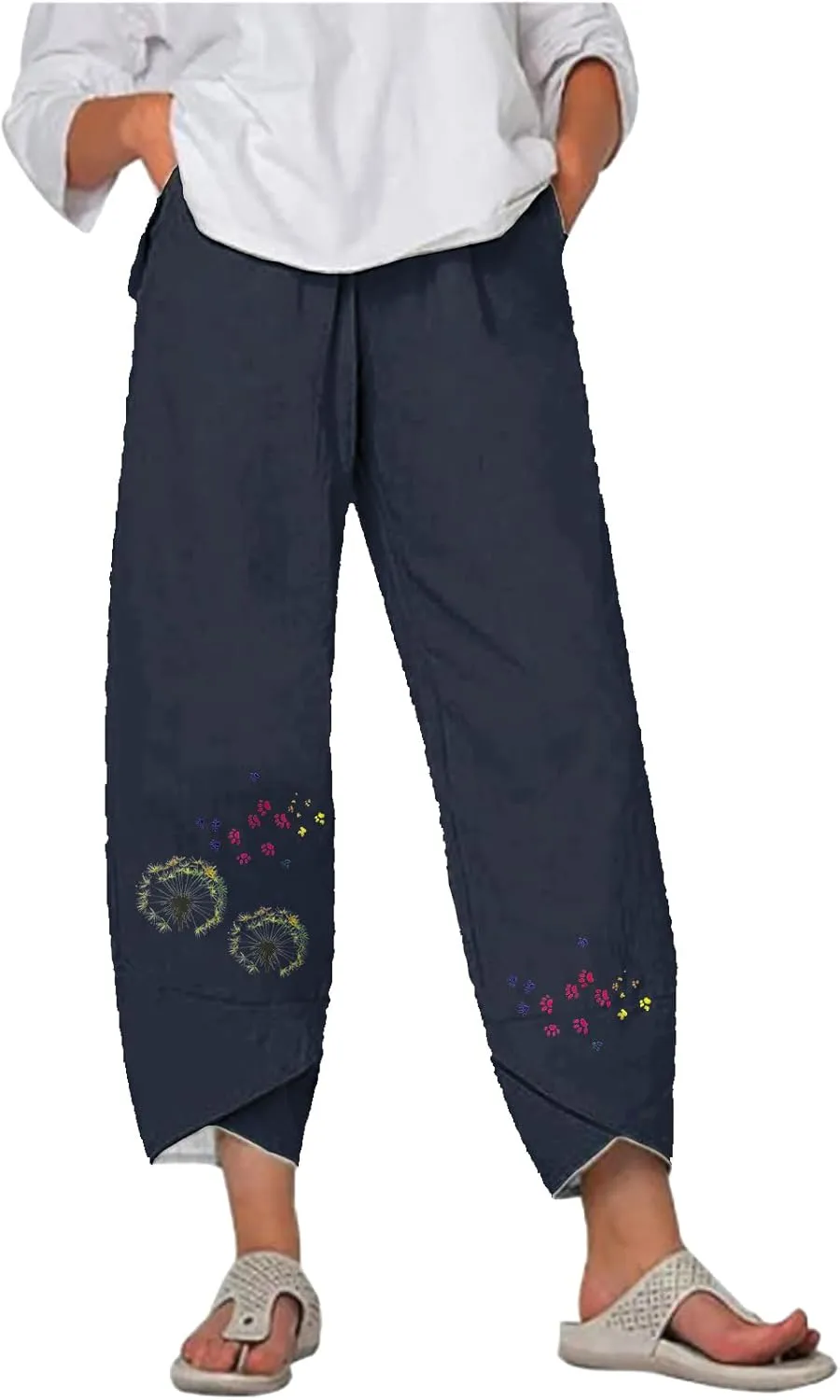 Flowy Capri Pants for Women Casual Summer Wide Leg Cropped Baggy Trousers with Pockets Palazzo Lounge Pants