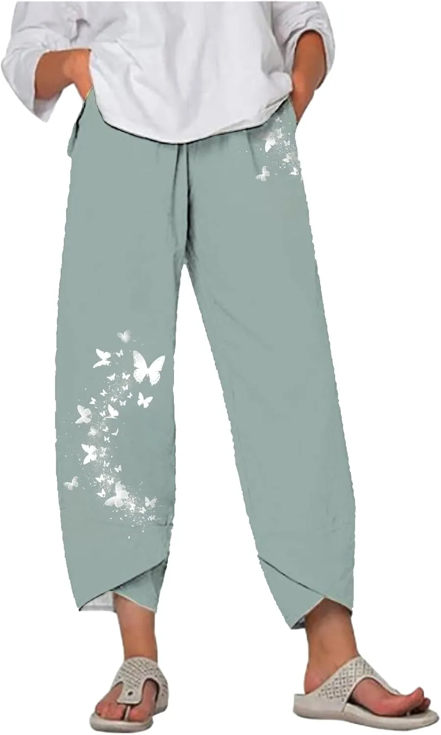 Flowy Capri Pants for Women Casual Summer Wide Leg Cropped Baggy Trousers with Pockets Palazzo Lounge Pants