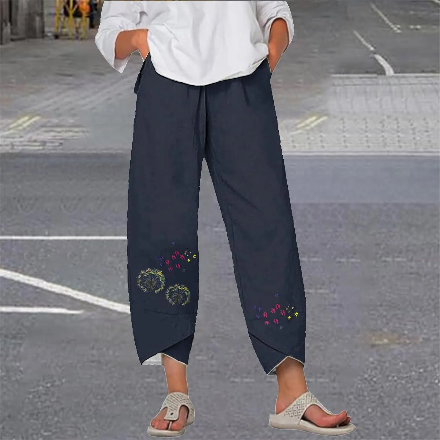 Flowy Capri Pants for Women Casual Summer Wide Leg Cropped Baggy Trousers with Pockets Palazzo Lounge Pants