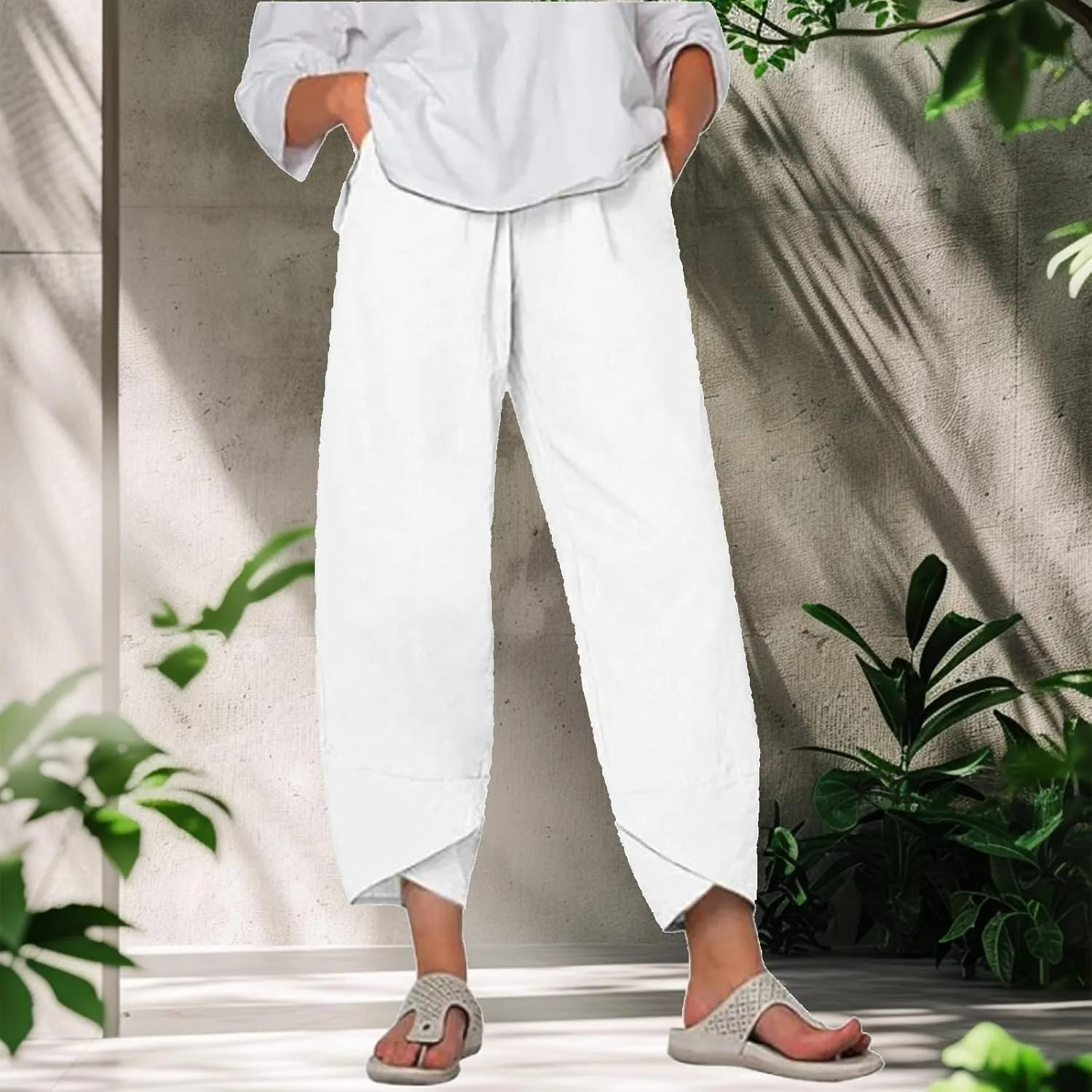 Flowy Capri Pants for Women Casual Summer Wide Leg Cropped Baggy Trousers with Pockets Palazzo Lounge Pants
