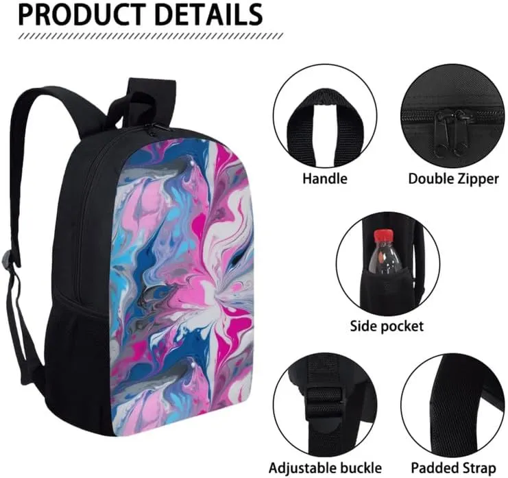 Fluid Art Painting Gradient School Backpack for Girls Cute Kids Liquid Hand Drawing Lunch Boxes and Pencil Case 3-Pieces for Teens Boys School Pencil Cases Schoolbag Set