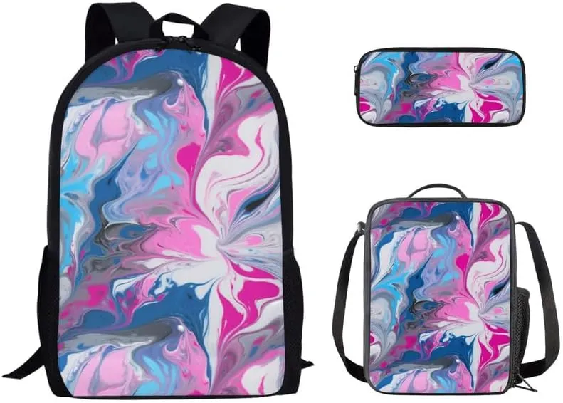 Fluid Art Painting Gradient School Backpack for Girls Cute Kids Liquid Hand Drawing Lunch Boxes and Pencil Case 3-Pieces for Teens Boys School Pencil Cases Schoolbag Set