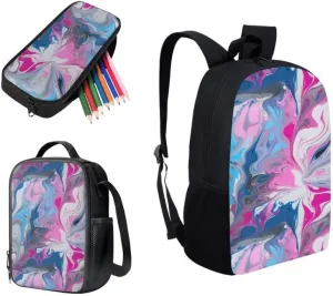 Fluid Art Painting Gradient School Backpack for Girls Cute Kids Liquid Hand Drawing Lunch Boxes and Pencil Case 3-Pieces for Teens Boys School Pencil Cases Schoolbag Set