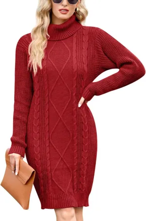 For G and PL Winter Long Sleeve Cable Knit Bodycon Slim Fitted Turtleneck Pullover Stretchy Mini Sweater Dresses