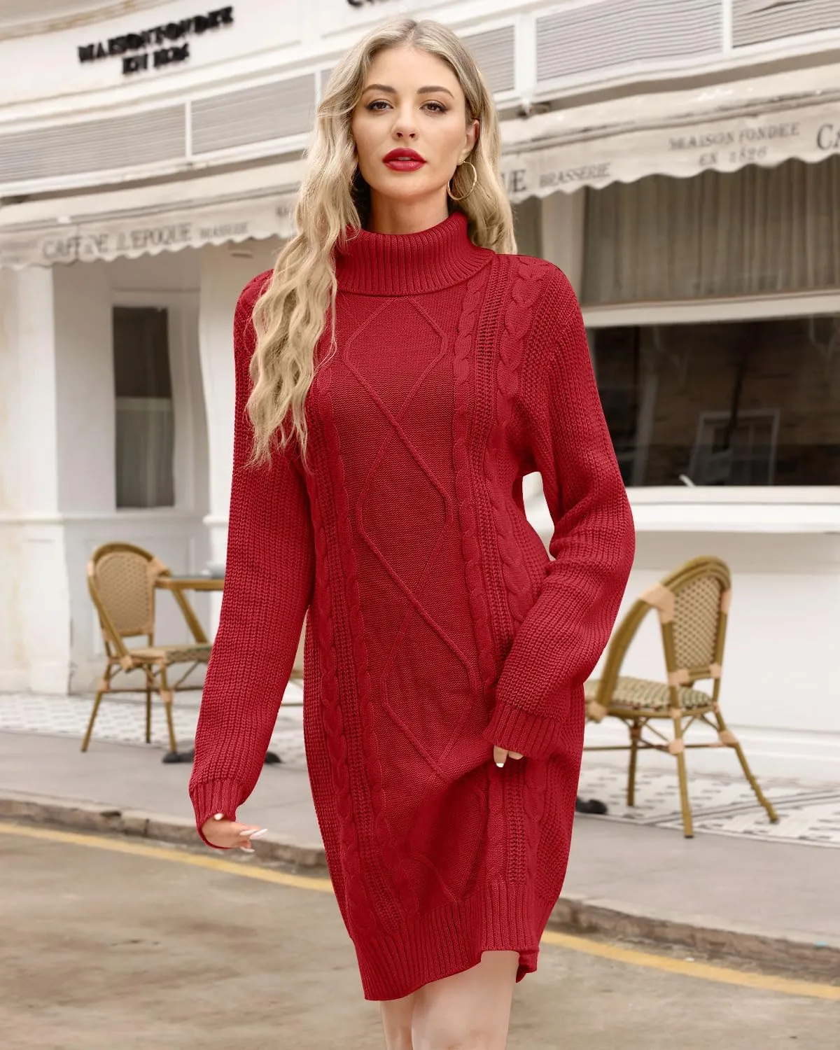 For G and PL Winter Long Sleeve Cable Knit Bodycon Slim Fitted Turtleneck Pullover Stretchy Mini Sweater Dresses