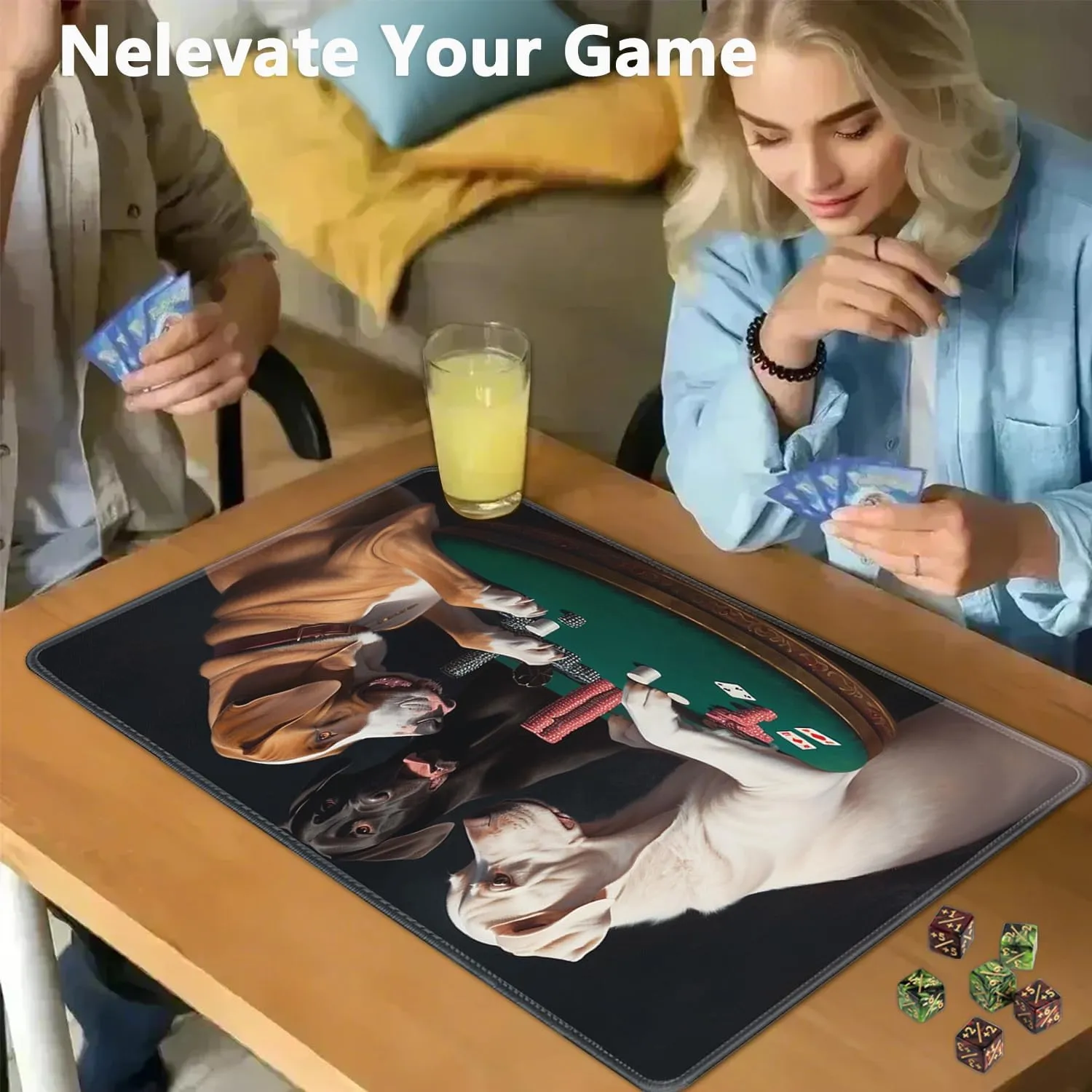 for MTG Playmat   Drawstring Travel Pouch   6 Dice Counter, for Tabletop Trading Card Game Playmats or Large Mouse Pad, Anti-Slip Rubber 24 x 14 in, Dogs Playing Poker for TCG Playmat