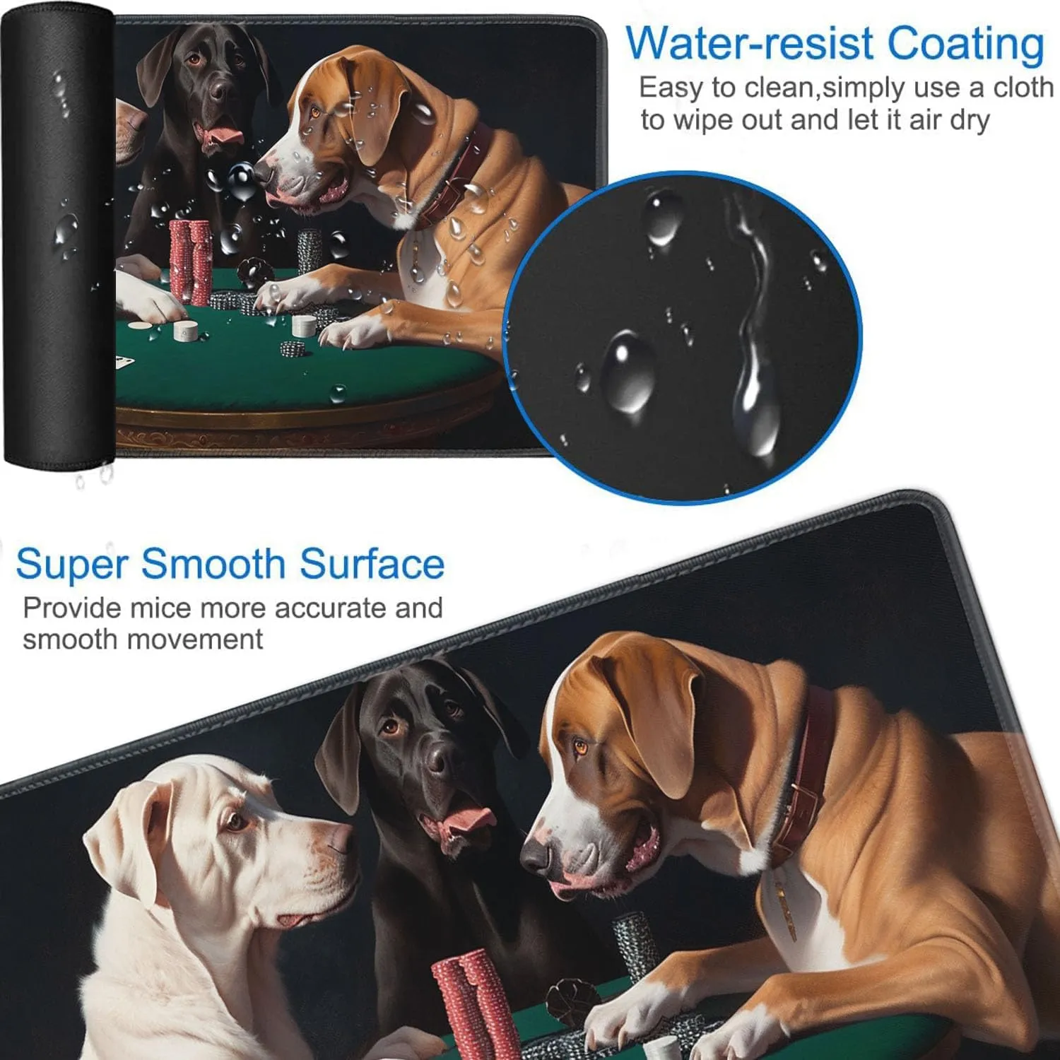 for MTG Playmat   Drawstring Travel Pouch   6 Dice Counter, for Tabletop Trading Card Game Playmats or Large Mouse Pad, Anti-Slip Rubber 24 x 14 in, Dogs Playing Poker for TCG Playmat
