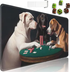 for MTG Playmat   Drawstring Travel Pouch   6 Dice Counter, for Tabletop Trading Card Game Playmats or Large Mouse Pad, Anti-Slip Rubber 24 x 14 in, Dogs Playing Poker for TCG Playmat