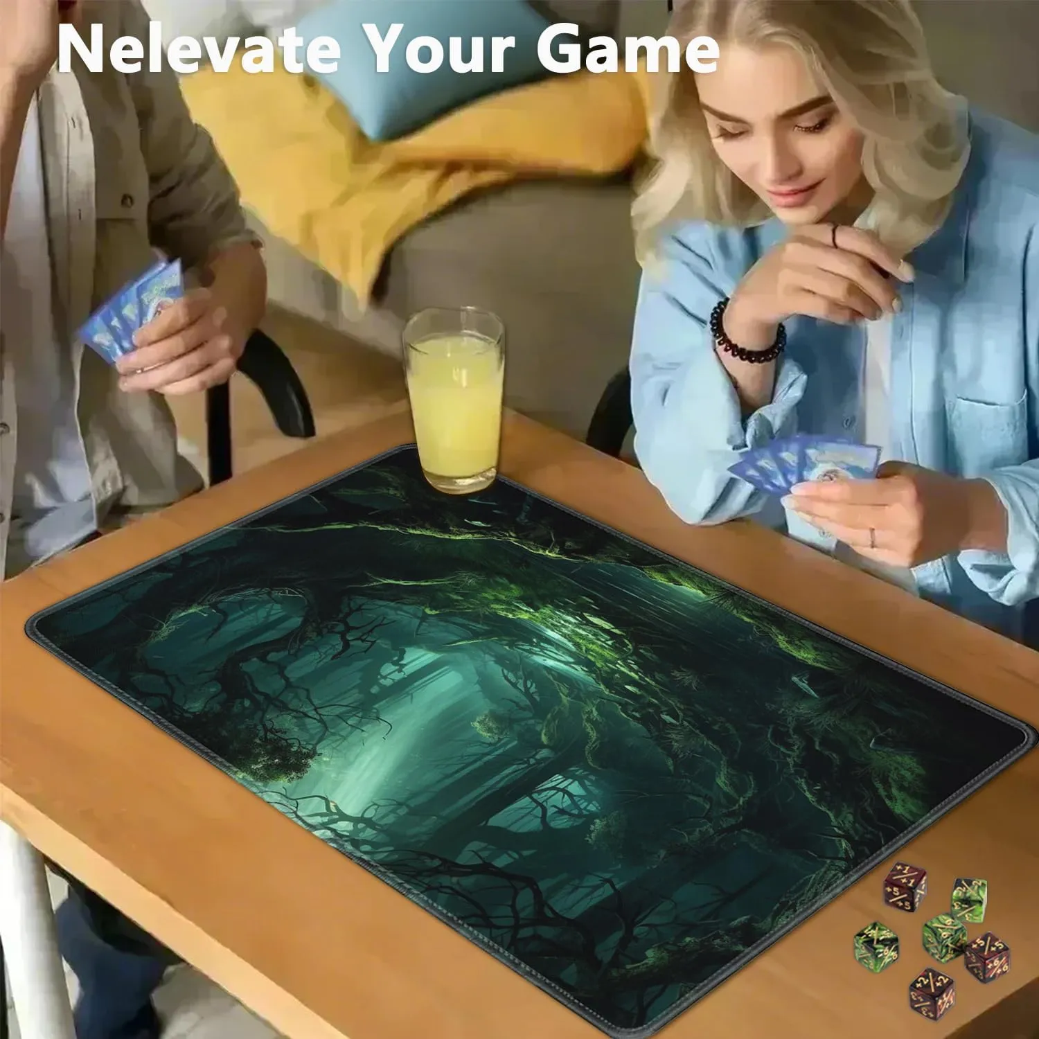for MTG Playmat   Drawstring Travel Pouch   6 Dice Counter, for Tabletop Trading Card Game Playmats or Large Mouse Pad, Anti-Slip Rubber 24 x 14 in, Green Forest for TCG Playmat