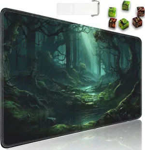 for MTG Playmat   Drawstring Travel Pouch   6 Dice Counter, for Tabletop Trading Card Game Playmats or Large Mouse Pad, Anti-Slip Rubber 24 x 14 in, Green Forest for TCG Playmat