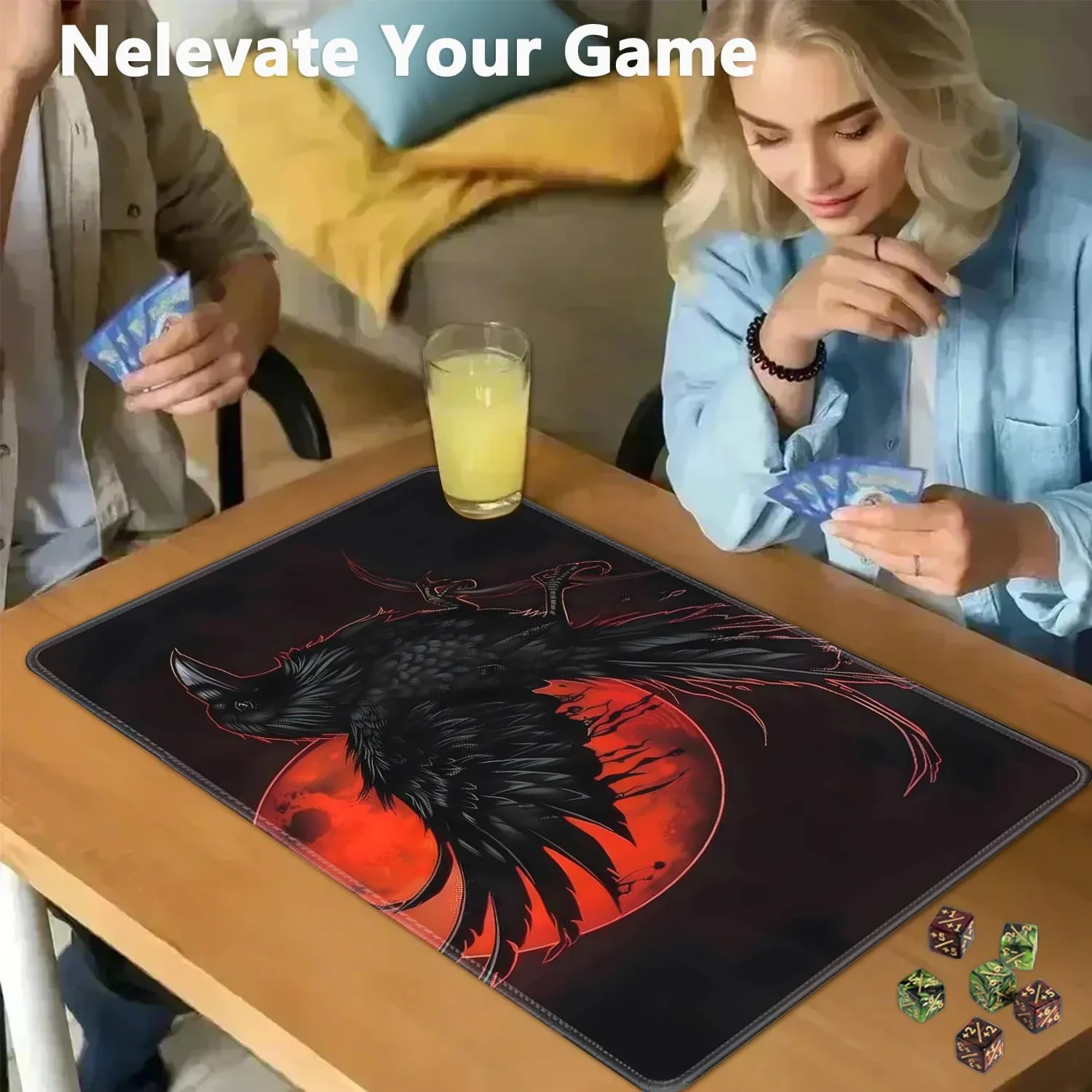 for MTG Playmat   Drawstring Travel Pouch   6 Dice Counter, for Tabletop Trading Card Game Playmats or Mouse Pad, Anti-Slip Rubber 24 x 14 in, Black Raven, Red Moon for TCG Playmat (No with Zone)