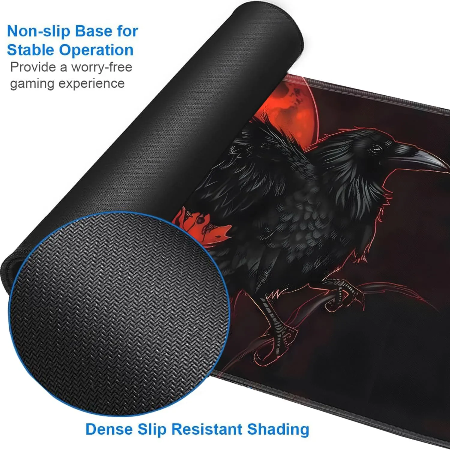 for MTG Playmat   Drawstring Travel Pouch   6 Dice Counter, for Tabletop Trading Card Game Playmats or Mouse Pad, Anti-Slip Rubber 24 x 14 in, Black Raven, Red Moon for TCG Playmat (No with Zone)