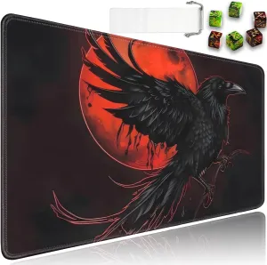 for MTG Playmat   Drawstring Travel Pouch   6 Dice Counter, for Tabletop Trading Card Game Playmats or Mouse Pad, Anti-Slip Rubber 24 x 14 in, Black Raven, Red Moon for TCG Playmat (No with Zone)