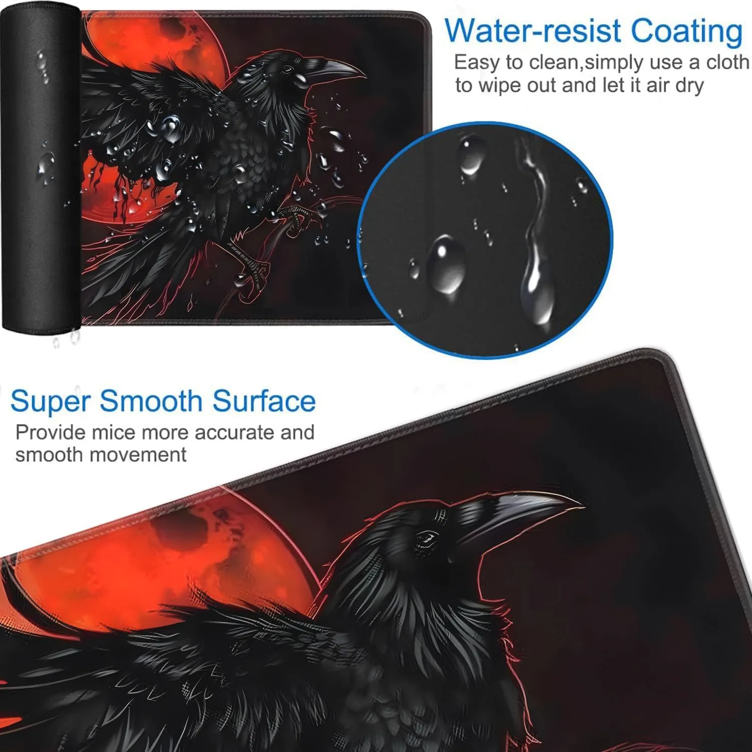 for MTG Playmat   Drawstring Travel Pouch   6 Dice Counter, for Tabletop Trading Card Game Playmats or Mouse Pad, Anti-Slip Rubber 24 x 14 in, Black Raven, Red Moon for TCG Playmat (No with Zone)