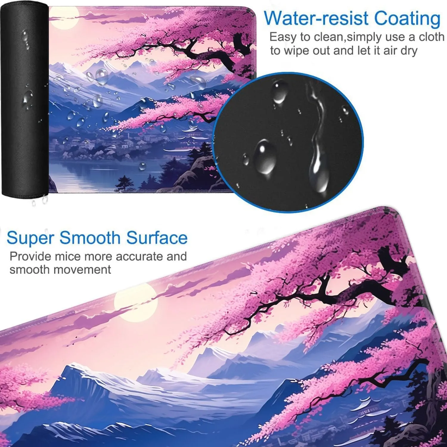 for MTG Playmat   Drawstring Travel Pouch   6 Dice Counter, for Tabletop Trading Card Game Playmats or Mouse Pad, Anti-Slip Rubber 24 x 14 in, Japanese Cherry Blossom Scenery for TCG Playmat