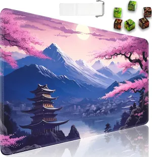 for MTG Playmat   Drawstring Travel Pouch   6 Dice Counter, for Tabletop Trading Card Game Playmats or Mouse Pad, Anti-Slip Rubber 24 x 14 in, Japanese Cherry Blossom Scenery for TCG Playmat