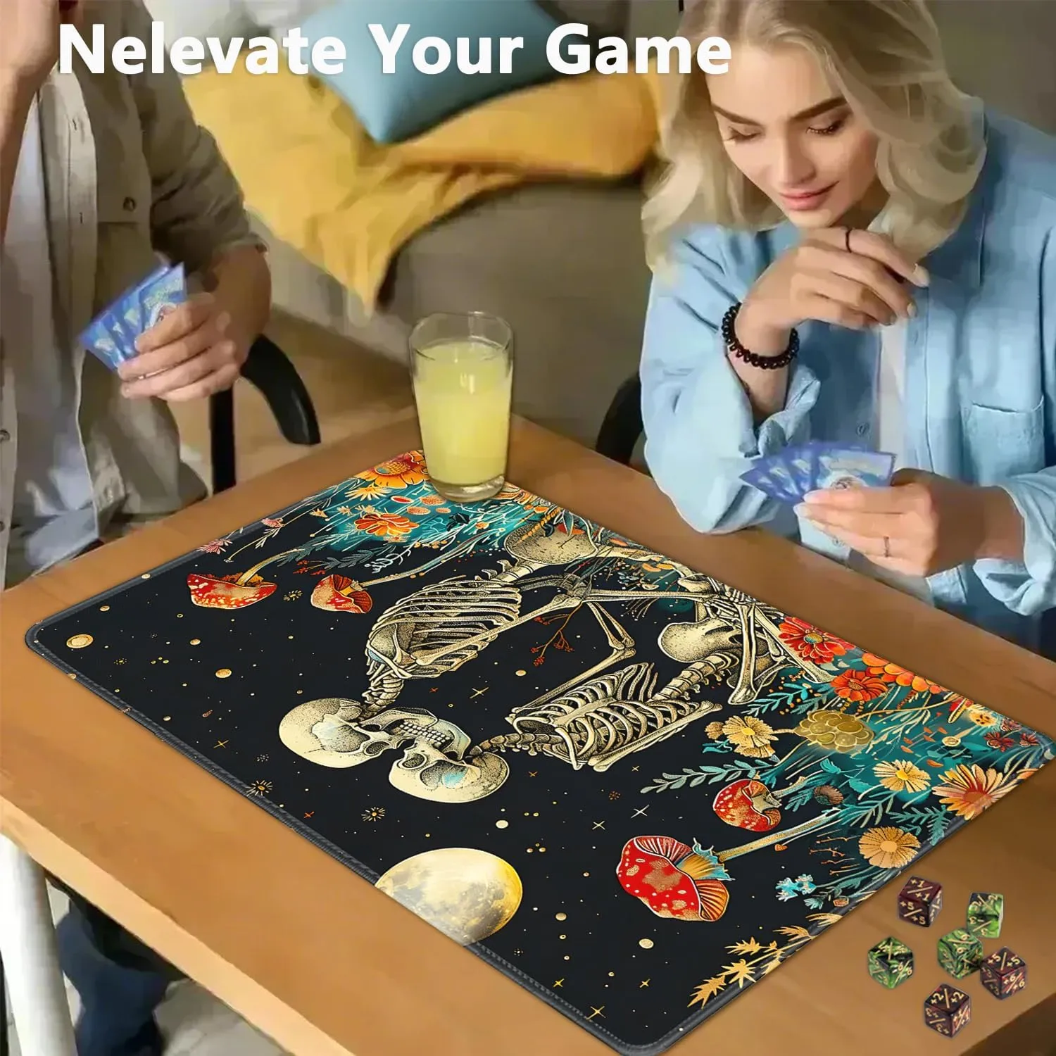for MTG Playmat   Drawstring Travel Pouch   6 Dice Counter, for Tabletop Trading Card Game Playmats or Mouse Pad, Anti-Slip Rubber 24 x 14 in, Skeleton Kiss for TCG Playmat (No with Zone)