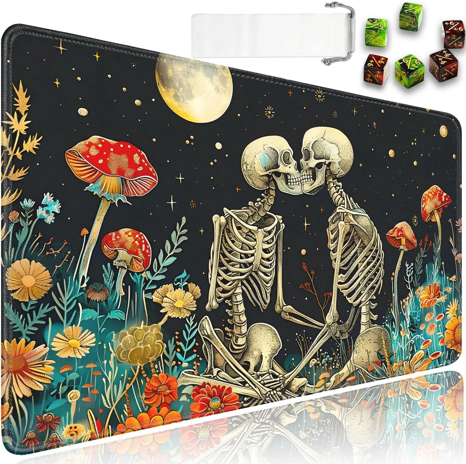 for MTG Playmat   Drawstring Travel Pouch   6 Dice Counter, for Tabletop Trading Card Game Playmats or Mouse Pad, Anti-Slip Rubber 24 x 14 in, Skeleton Kiss for TCG Playmat (No with Zone)