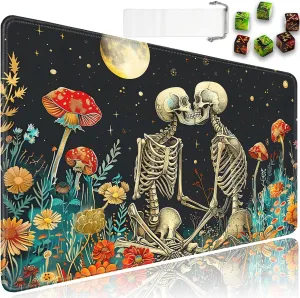 for MTG Playmat   Drawstring Travel Pouch   6 Dice Counter, for Tabletop Trading Card Game Playmats or Mouse Pad, Anti-Slip Rubber 24 x 14 in, Skeleton Kiss for TCG Playmat (No with Zone)
