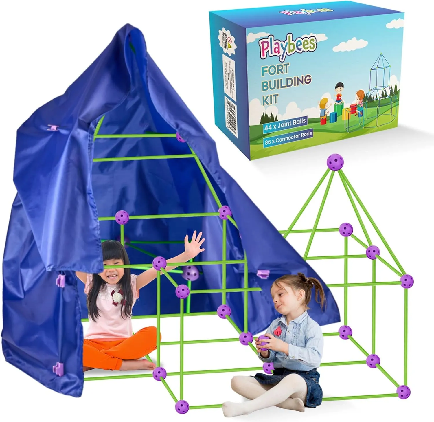 Fort Building Kit with Rods and Connectors- 145 Pieces - Ages 4-8, 8-12 STEM Building Toy, Construction Set for Kids, Indoor Outdoor Play Tent, DIY Castle, Birthday Gift