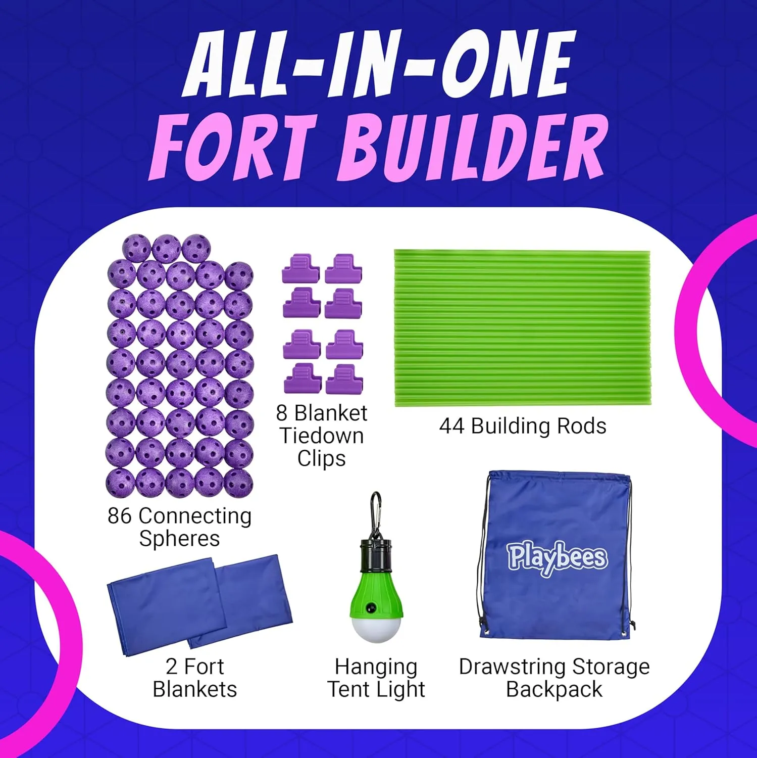 Fort Building Kit with Rods and Connectors- 145 Pieces - Ages 4-8, 8-12 STEM Building Toy, Construction Set for Kids, Indoor Outdoor Play Tent, DIY Castle, Birthday Gift