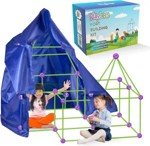 Fort Building Kit with Rods and Connectors- 145 Pieces - Ages 4-8, 8-12 STEM Building Toy, Construction Set for Kids, Indoor Outdoor Play Tent, DIY Castle, Birthday Gift