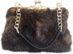 Fosrion Luxury Genuine Mink Fur Handbag - Small Kiss Lock Frame Purse with Gold Chain Strap, Elegant Shoulder & Evening Bag