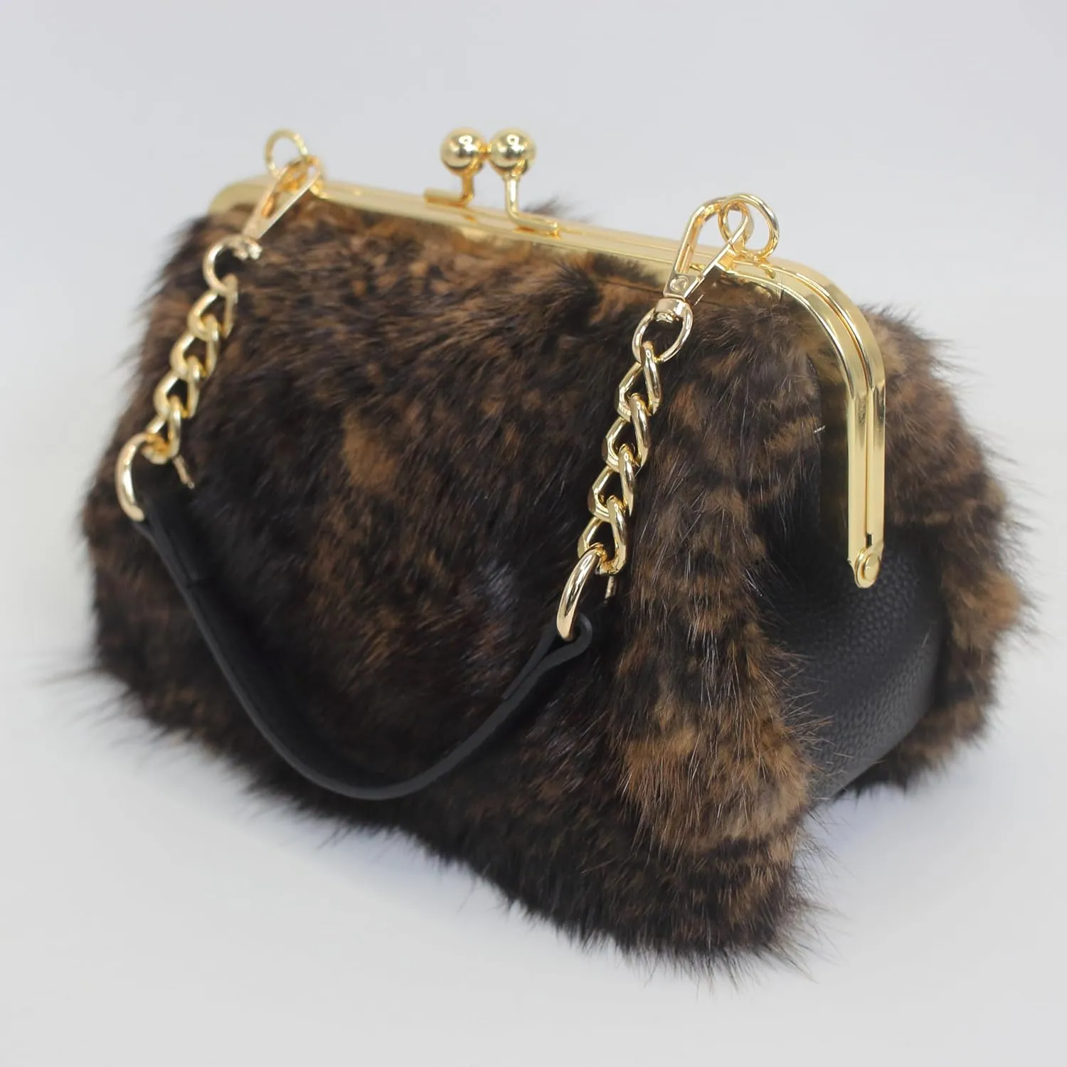 Fosrion Luxury Genuine Mink Fur Handbag - Small Kiss Lock Frame Purse with Gold Chain Strap, Elegant Shoulder & Evening Bag