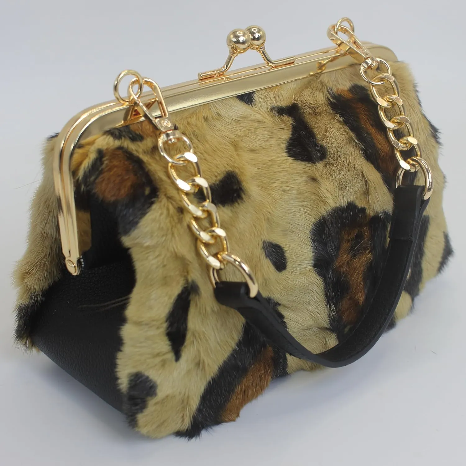 Fosrion Luxury Mink Fur Leopard Print Handbag – Small Kiss Lock Purse with Gold Chain Strap, Evening & Shoulder Bag