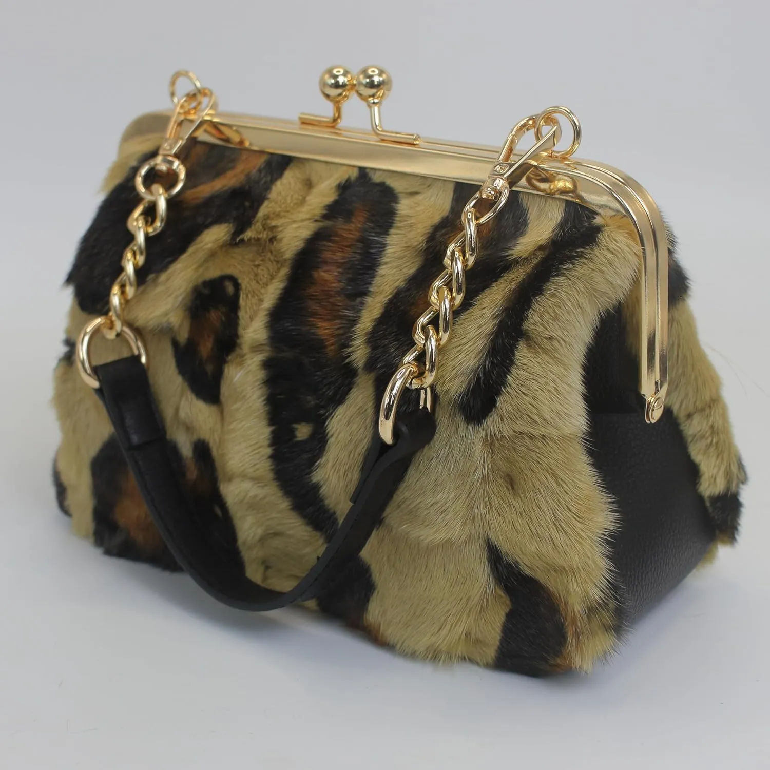 Fosrion Luxury Mink Fur Leopard Print Handbag – Small Kiss Lock Purse with Gold Chain Strap, Evening & Shoulder Bag