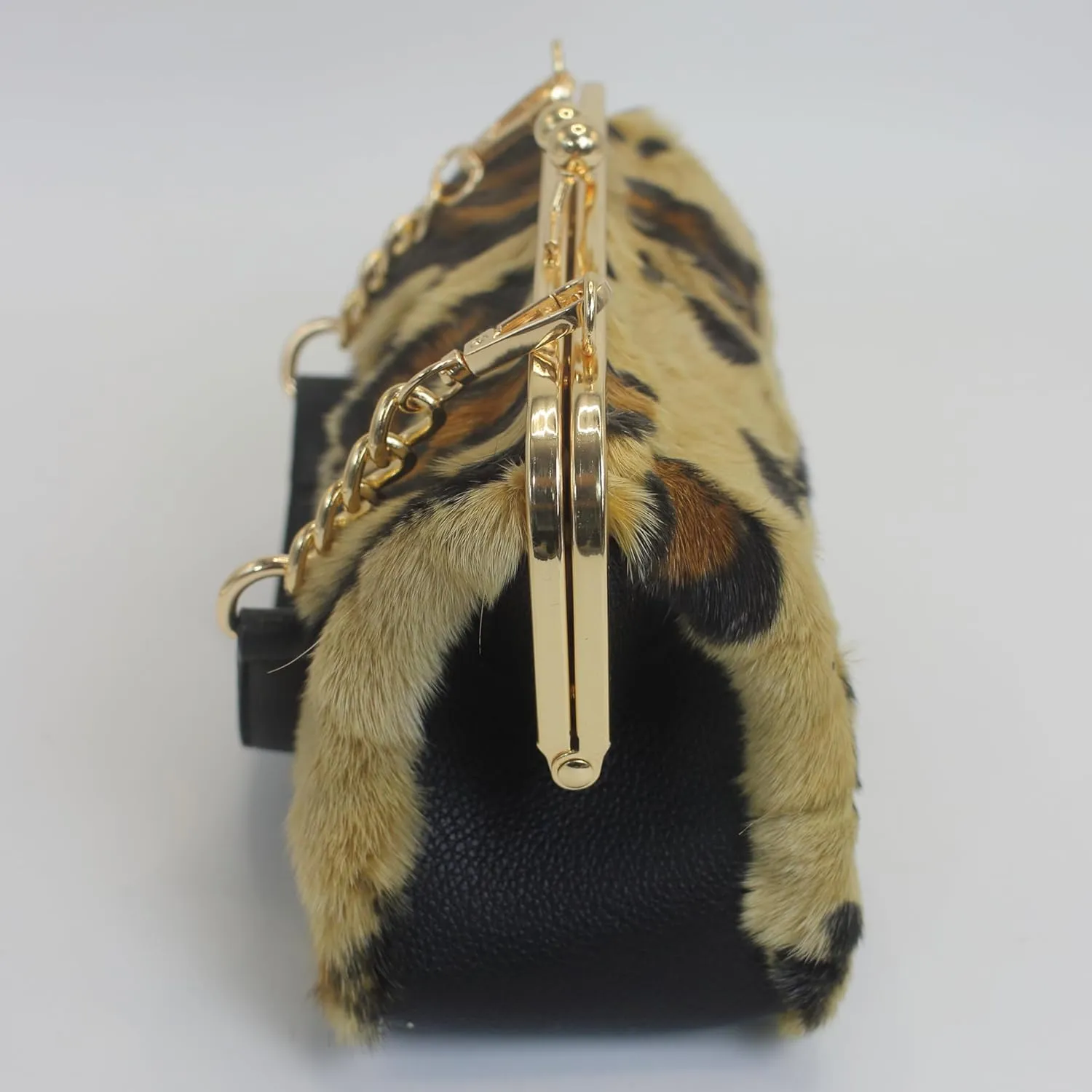Fosrion Luxury Mink Fur Leopard Print Handbag – Small Kiss Lock Purse with Gold Chain Strap, Evening & Shoulder Bag