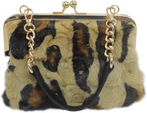 Fosrion Luxury Mink Fur Leopard Print Handbag – Small Kiss Lock Purse with Gold Chain Strap, Evening & Shoulder Bag