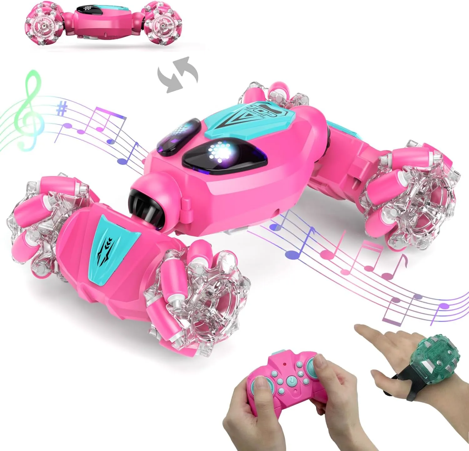 FOTN Remote Control/Gesture Sensing Stunt Car,4WD All-Terrain 2.4Ghz RC Pink Dual Control Off-Road Vehicle ，Lights Music，Modular Lithium Battery, 360° Flips，Snake-Move, Boy/Girl Birthday Gift