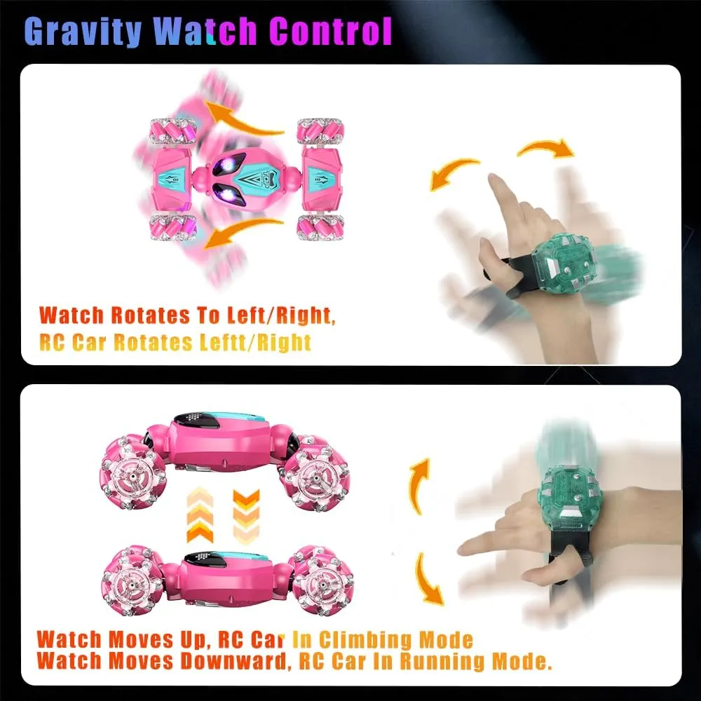 FOTN Remote Control/Gesture Sensing Stunt Car,4WD All-Terrain 2.4Ghz RC Pink Dual Control Off-Road Vehicle ，Lights Music，Modular Lithium Battery, 360° Flips，Snake-Move, Boy/Girl Birthday Gift