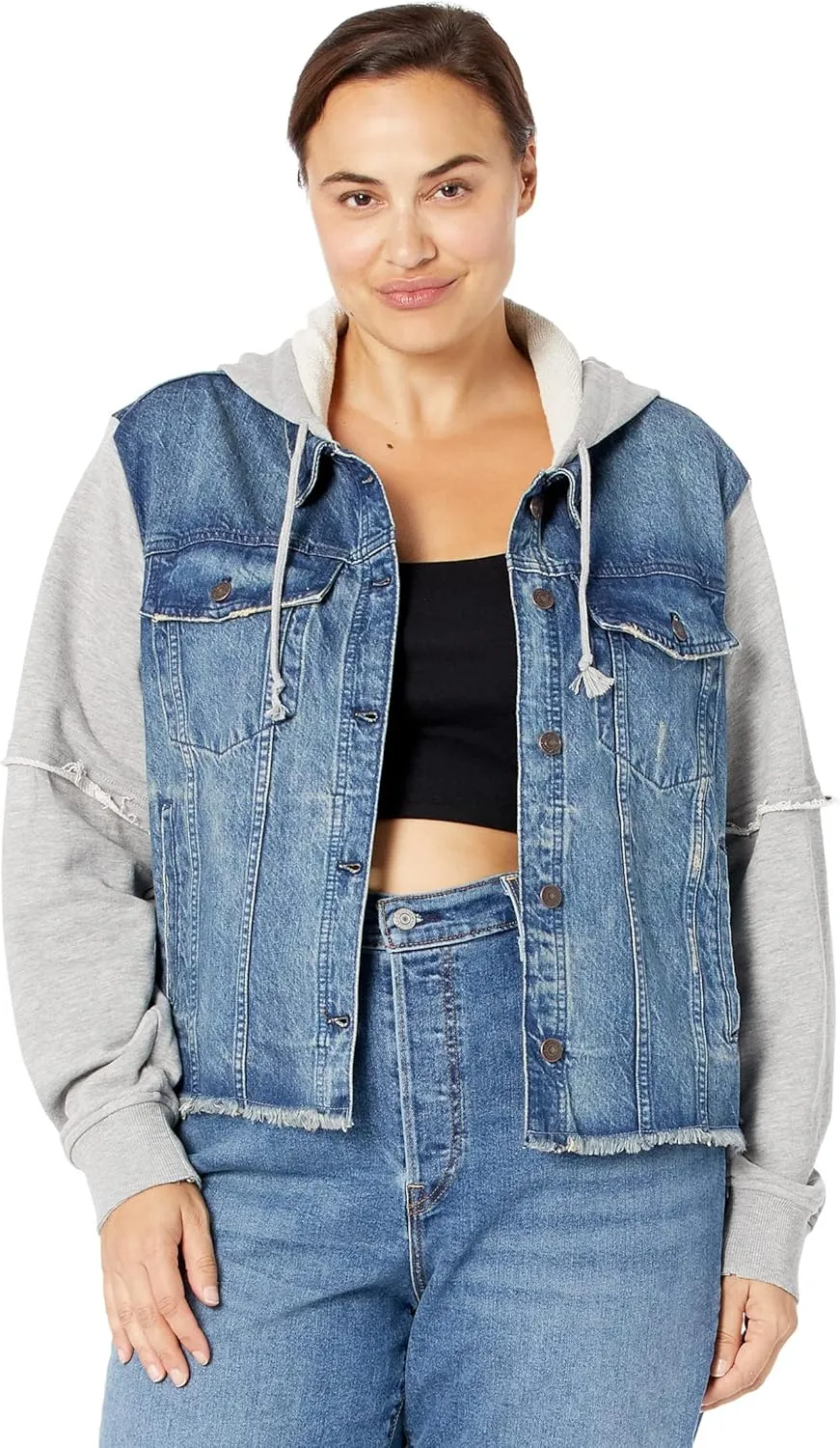 Free People Throwback Denim Knit Jacket For Women - Contrast Long Sleeves With Ribbed Cuffs, Stylish and Breathable Jacket