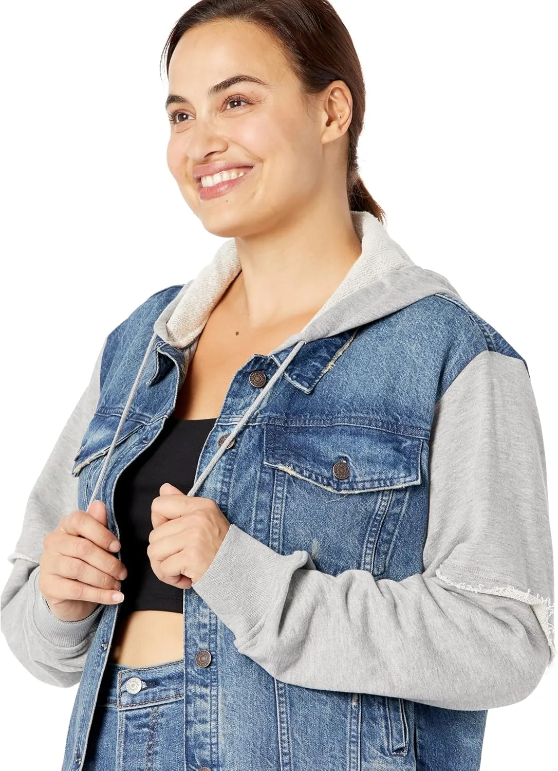 Free People Throwback Denim Knit Jacket For Women - Contrast Long Sleeves With Ribbed Cuffs, Stylish and Breathable Jacket